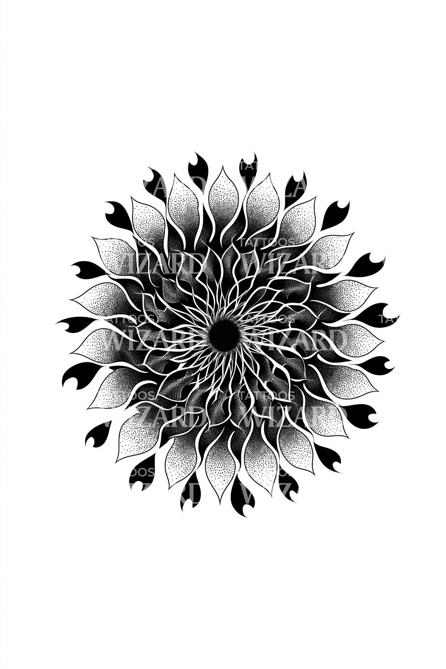 Design Tatuaggio Mandala Foglia di Sole Radiante