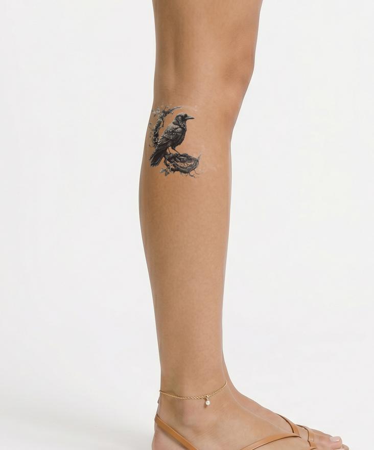 Diseño de tatuaje de cuervo en rama circular
