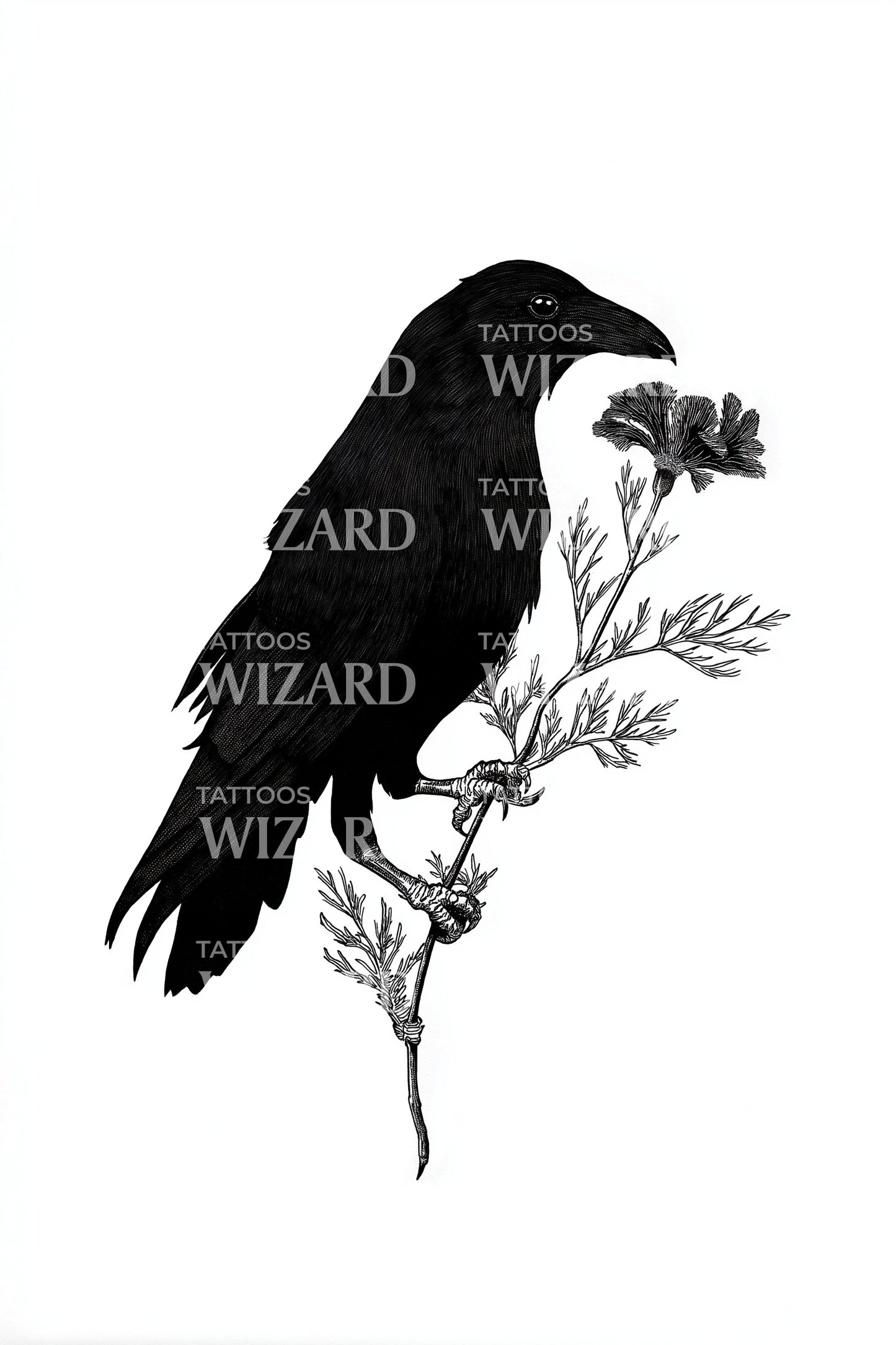 Desenho de Tatuagem Sussurro de Calêndula Corvo