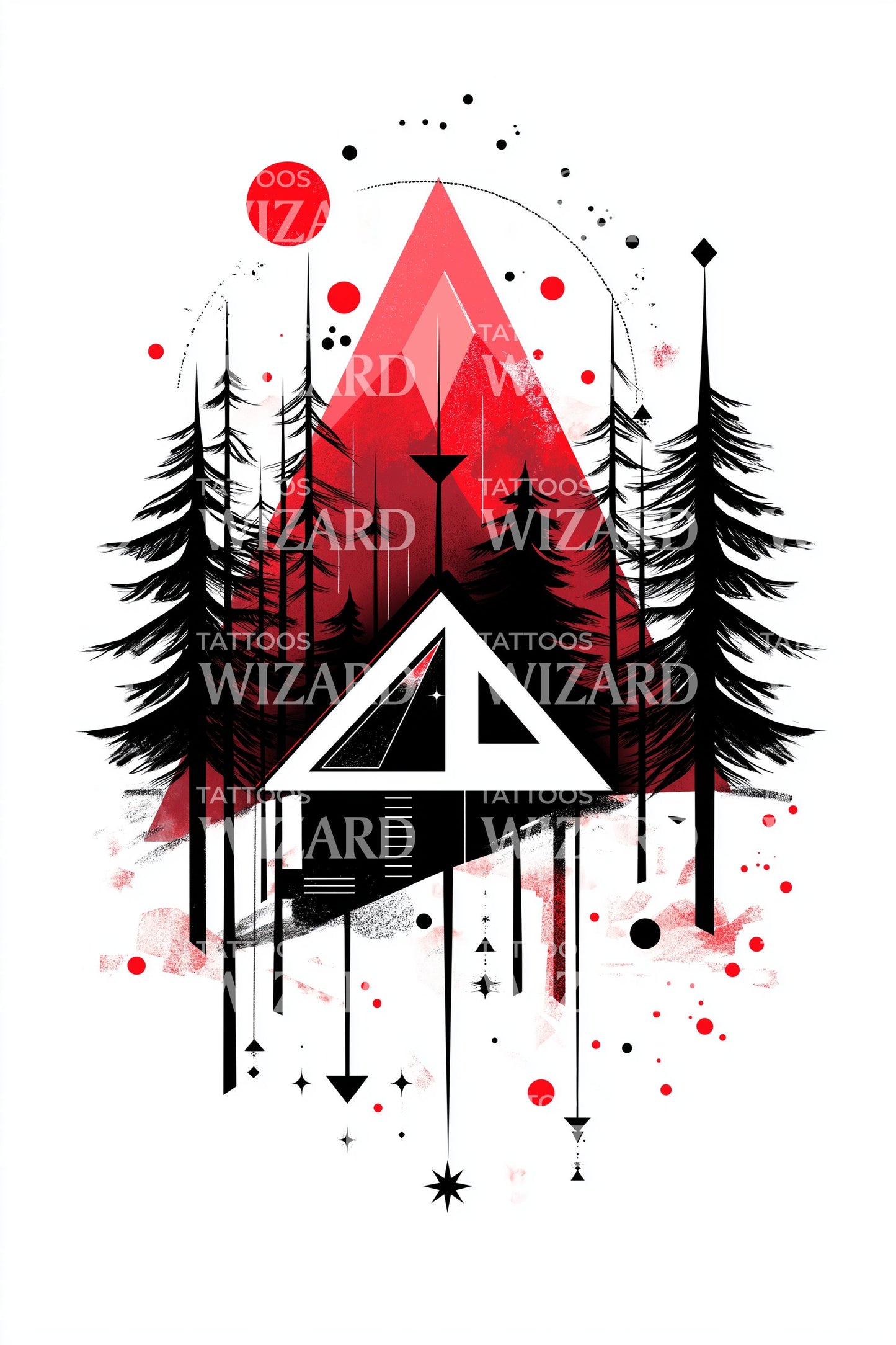 Red Aurora Mountain Cabin Tattoo Design