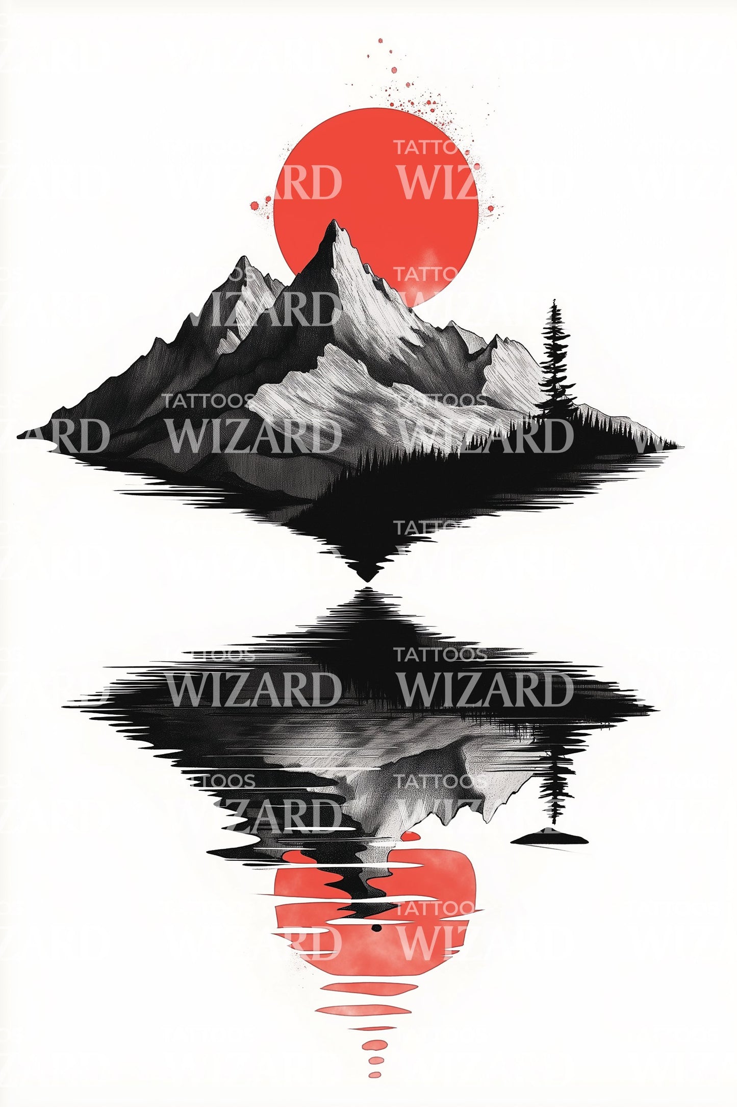 Red Sun Mountain Reflection Tattoo Design