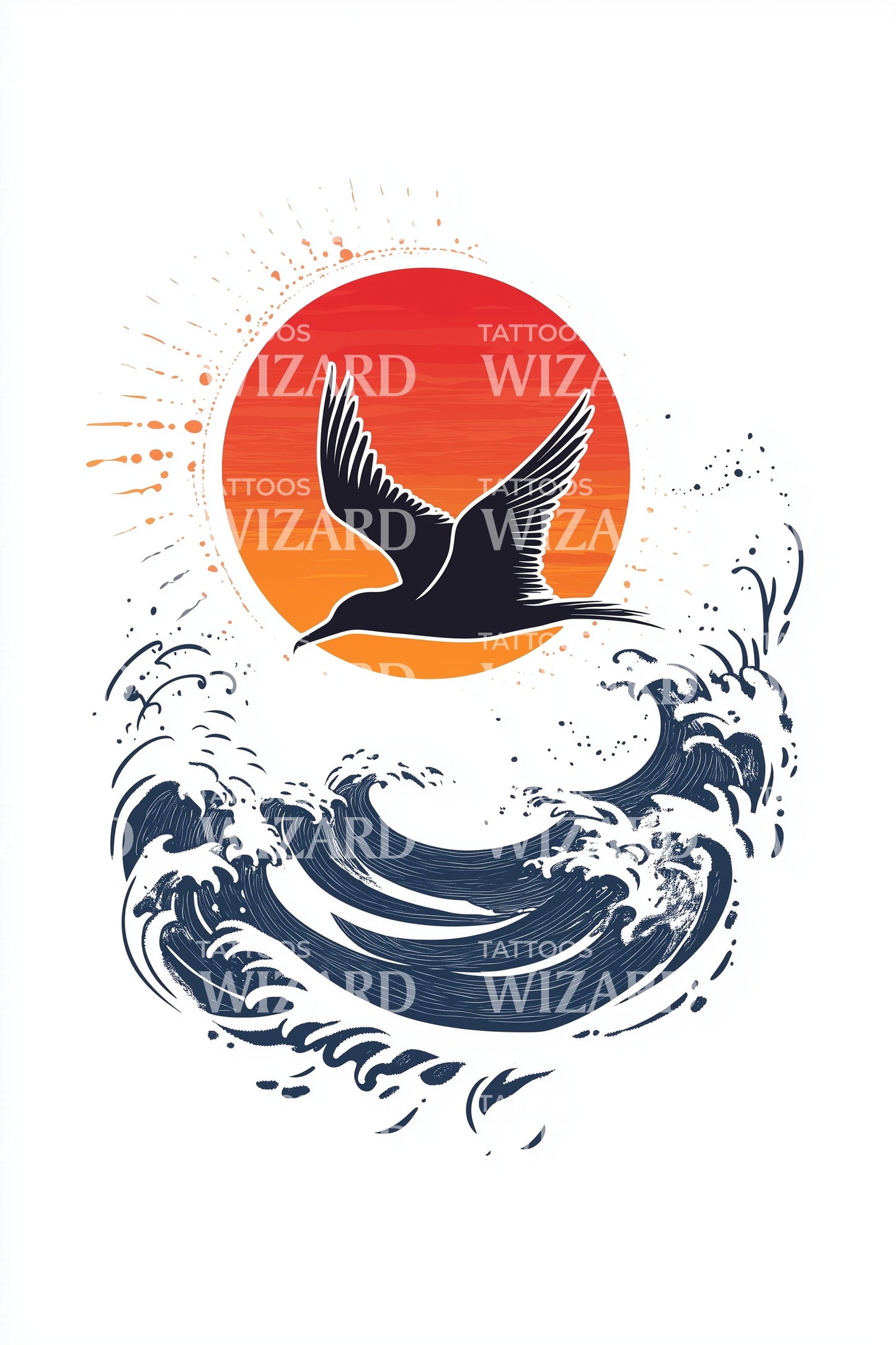 Red Sun Seagulls Tattoo Design