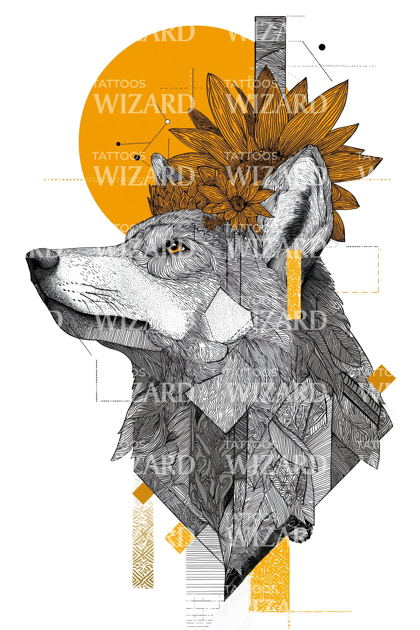 Regal Wolf Laurel Tattoo Design