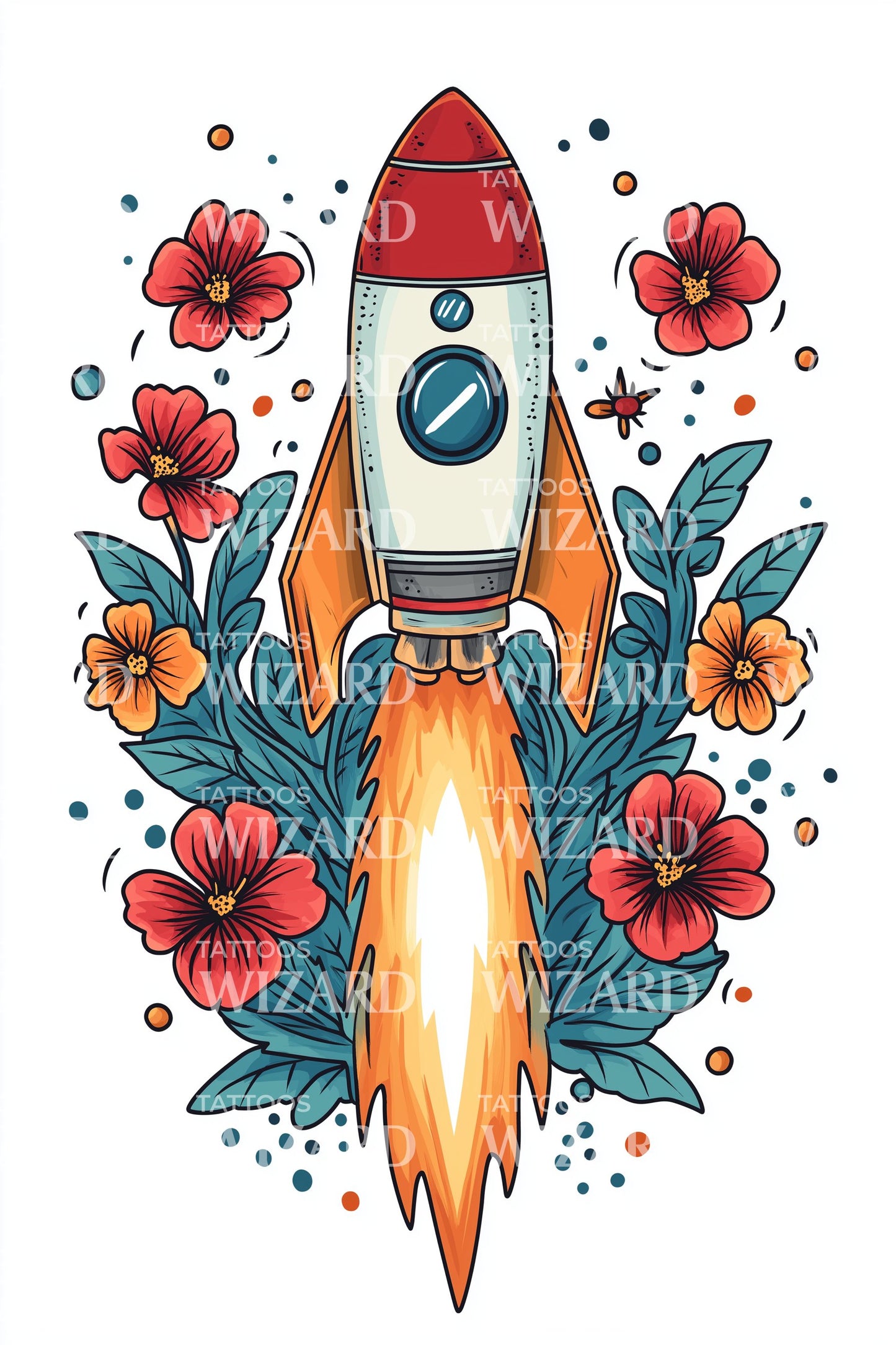 Retro raketový květinový tetovací motiv
