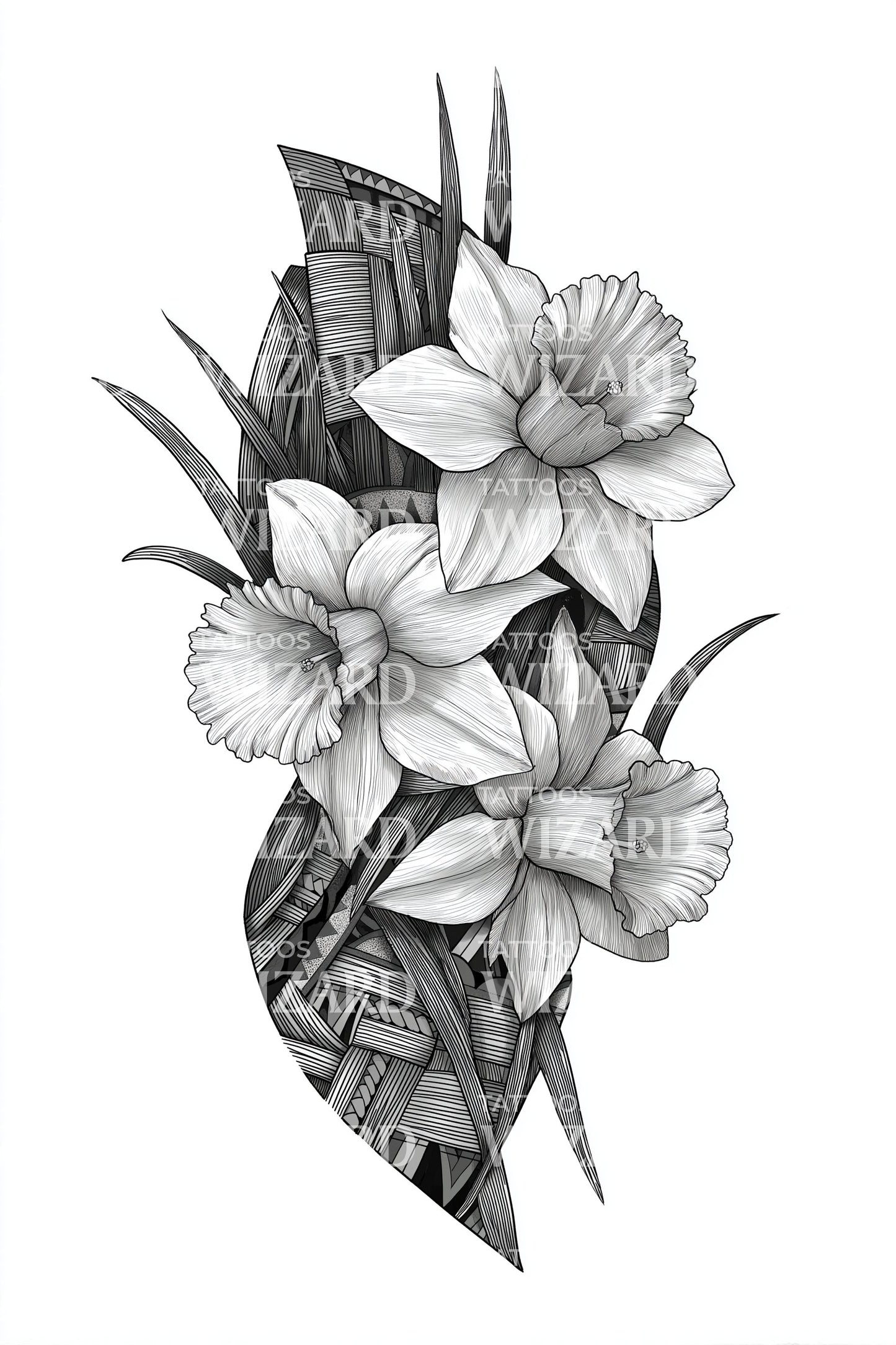 Idee voor tatoeage van een bosje narcis met linten