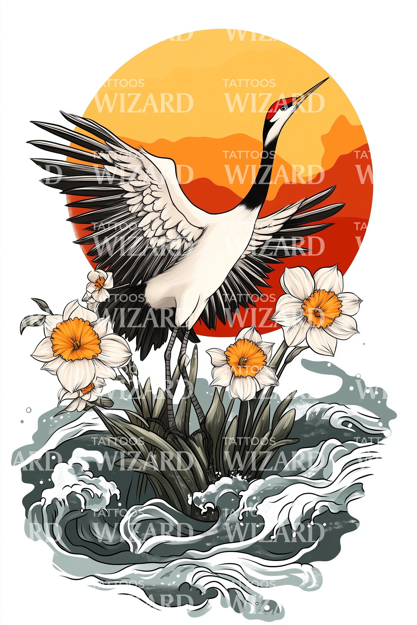 Rising Crane Sun Tattoo Design