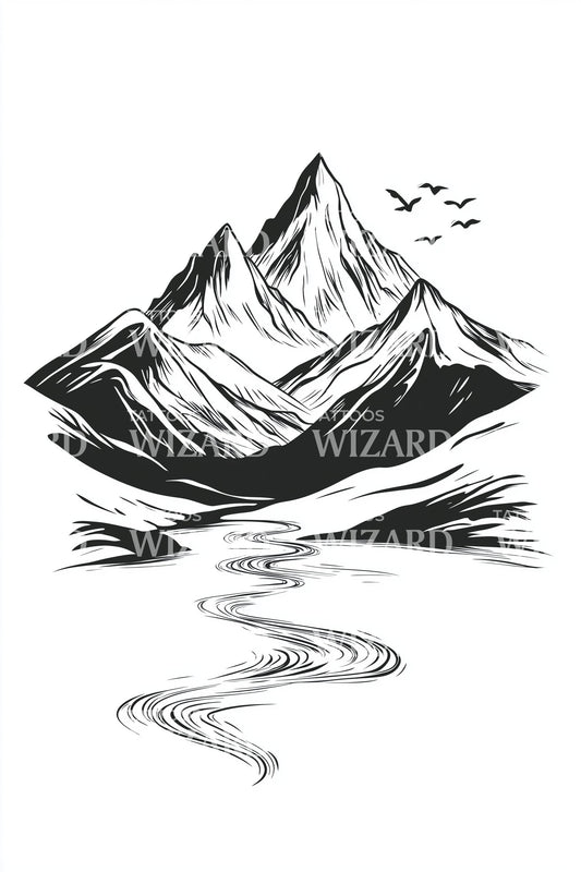 Fluss Berg Spiegelung Tattoo Illustration