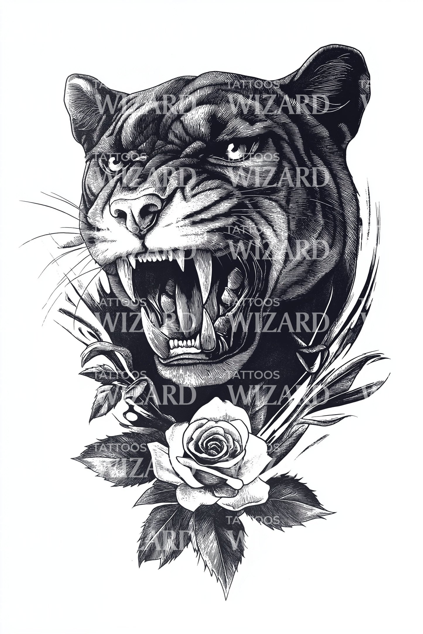Desain Tato Mawar Harimau Mengaum