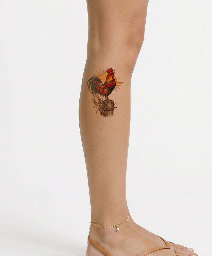 日の出に柵の上で鳴く雄鶏のタトゥー