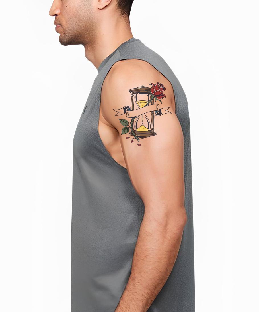 Rose Hourglass Banner Tattoo Design