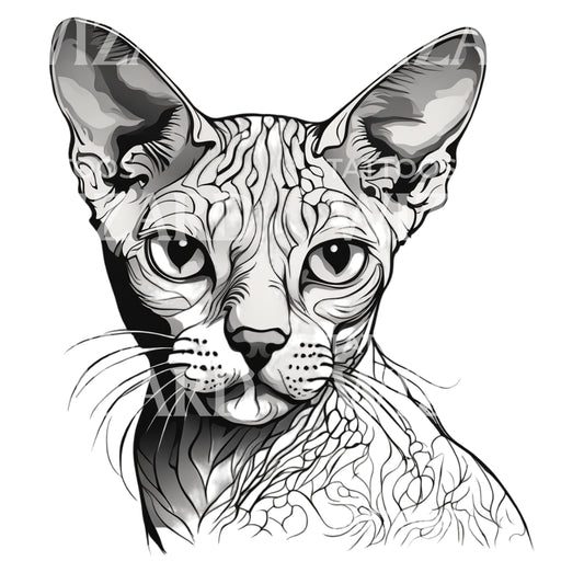 Devon Rex Cat Head with Patterns Tattoo Design
