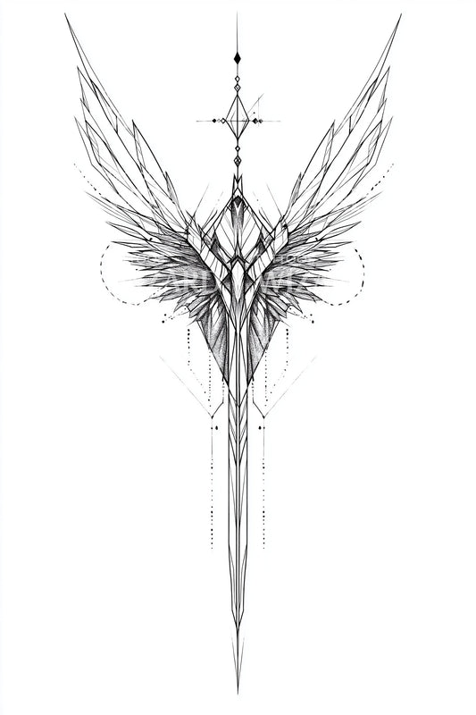 Sacred Angel Spear Wings Tattoo Illustration