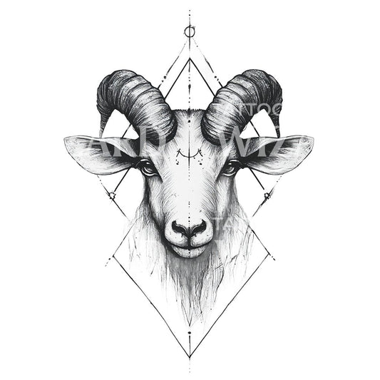 Sacred Ram Symbol with Geometric Precision Tattoo Design