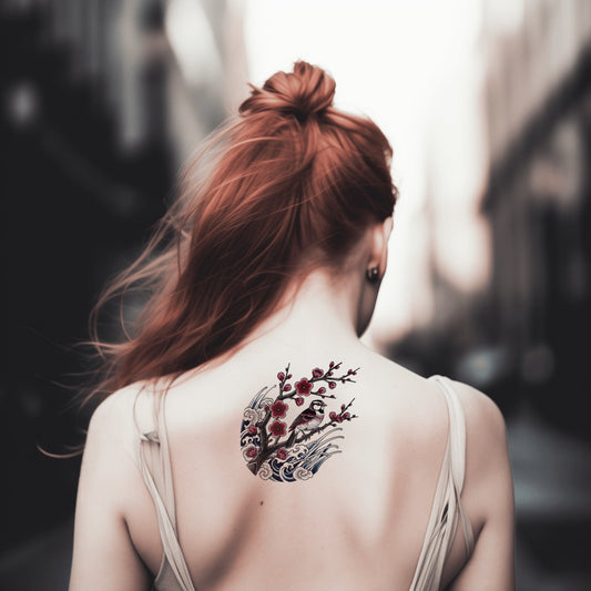 Sakura Bird Above Waves Tattoo Design