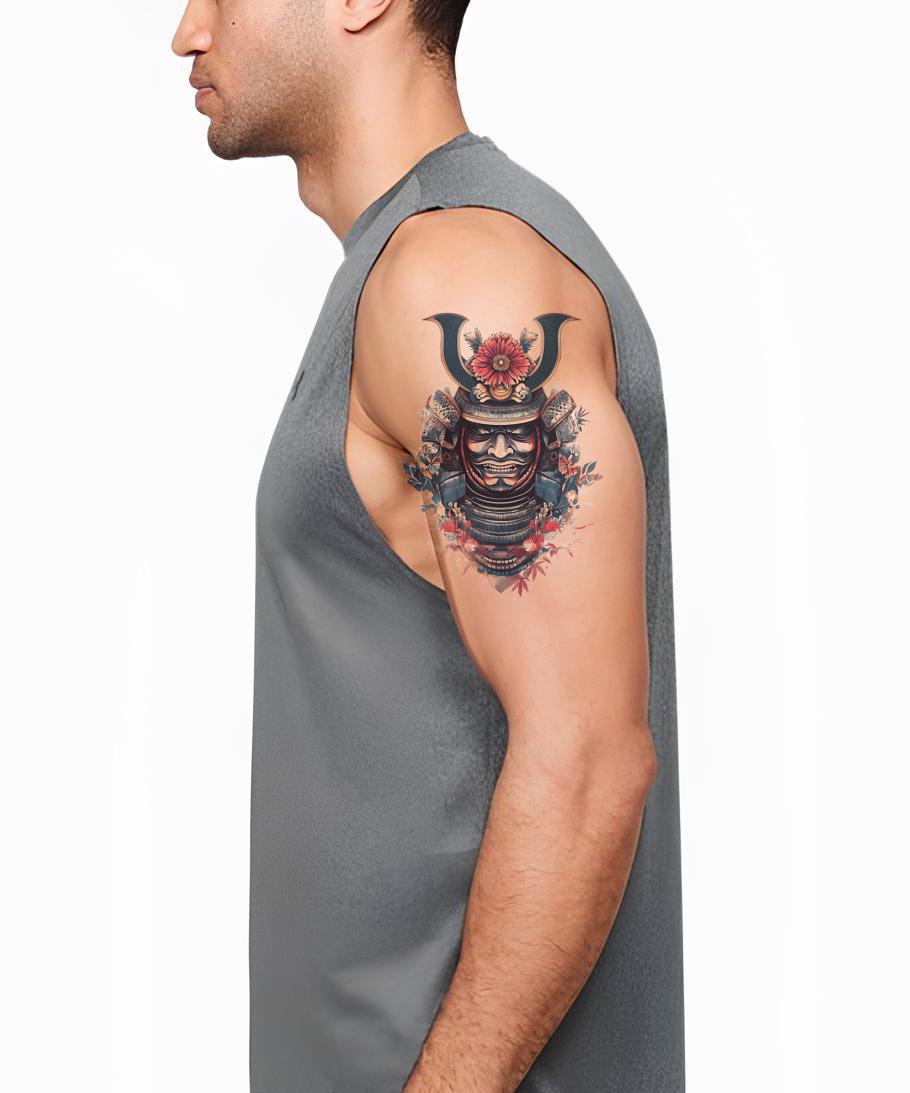 Desenho de Tatuagem de Máscara Samurai Floral