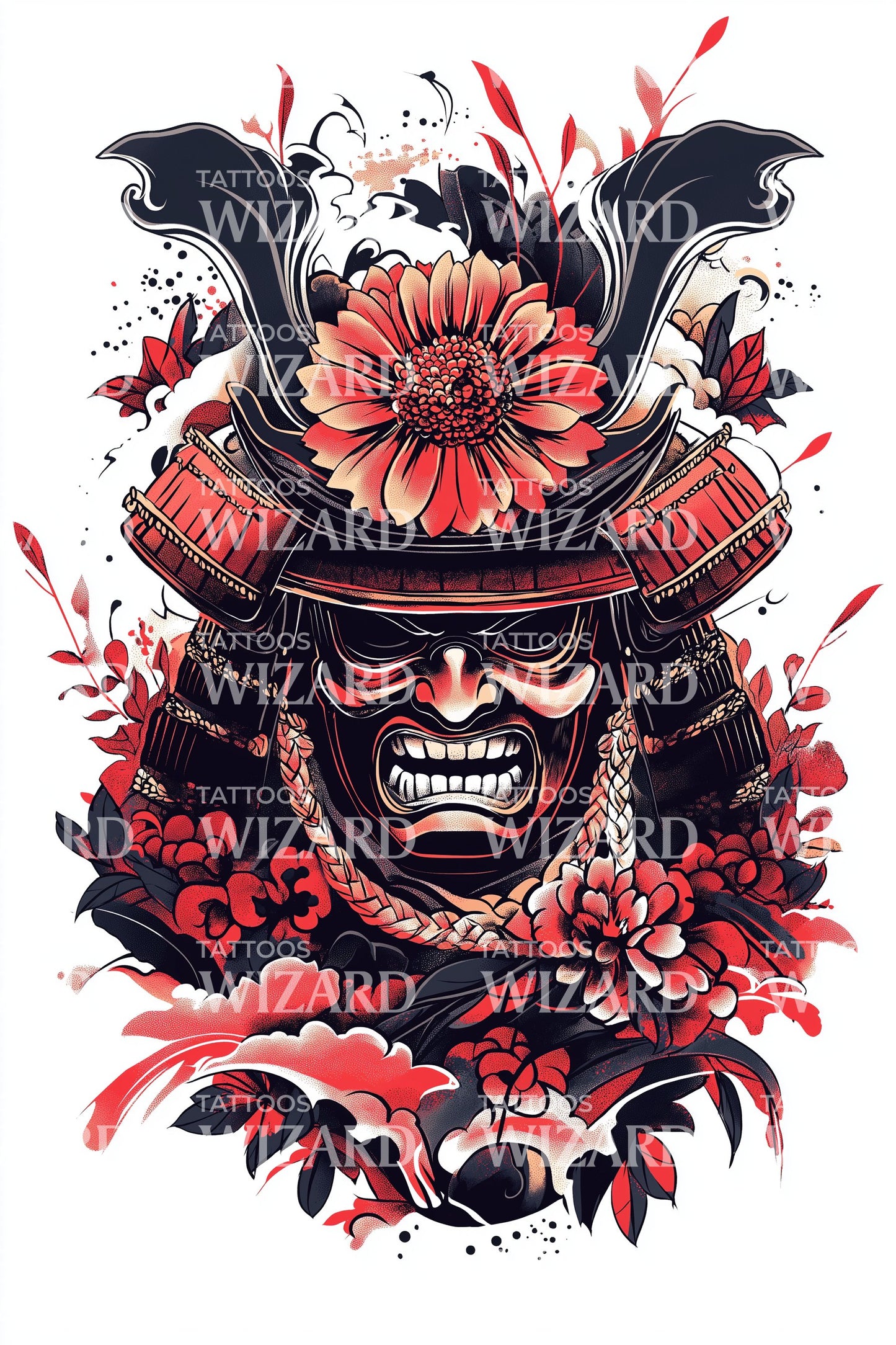 Samurai Oni Blossom Tattoo Design