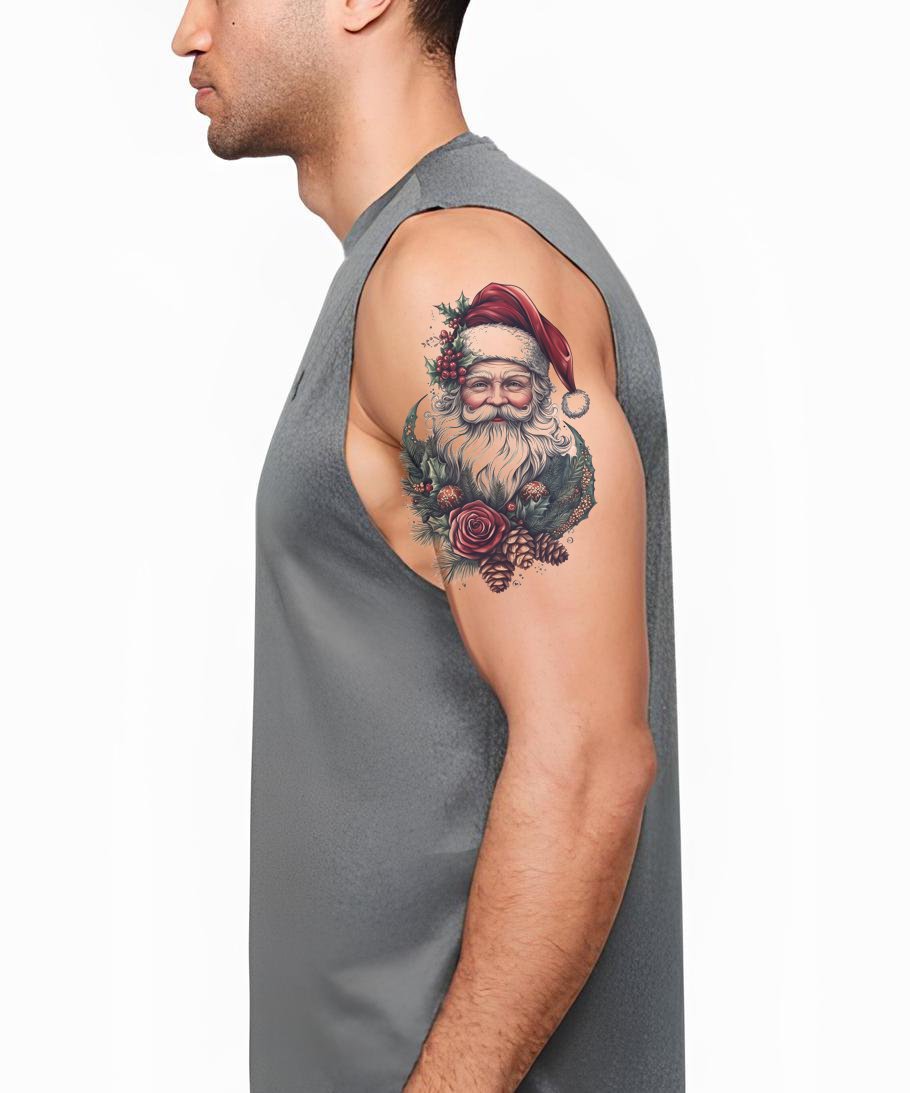 Santa Portrait Roses Tattoo Design