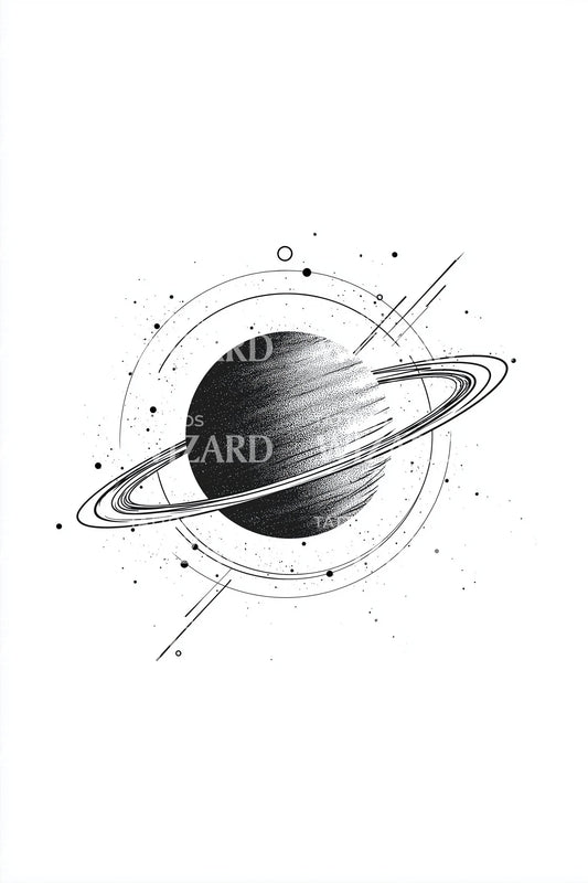 Saturn Planet Linework Tattoo Design