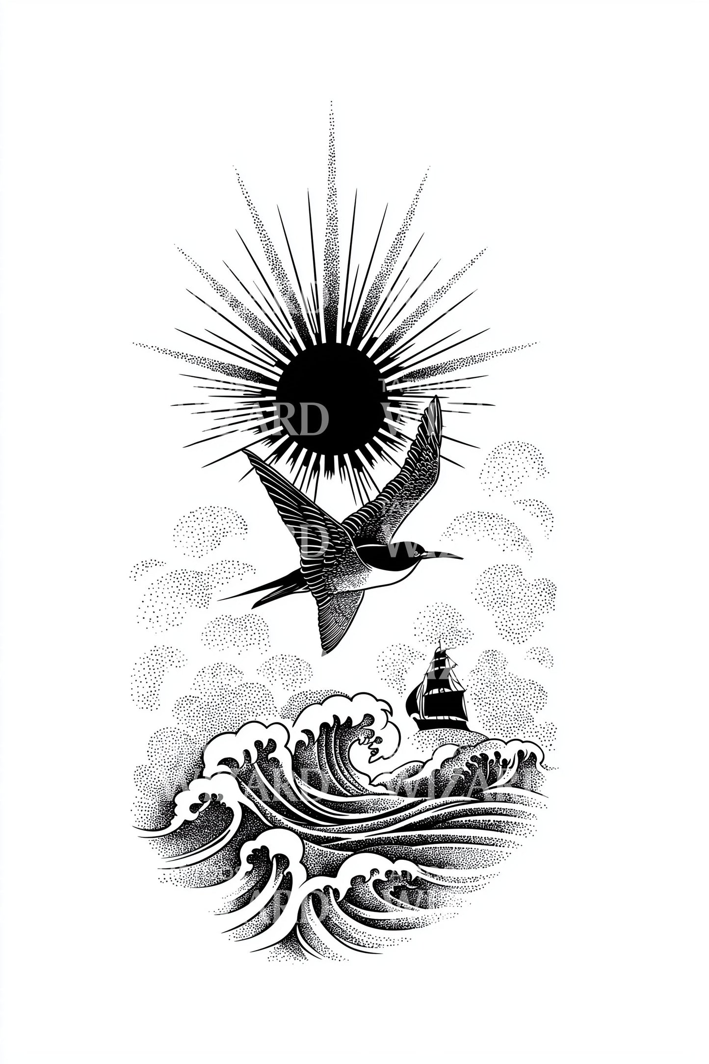 Design de Tatuagem Ondas Eclipse de Pássaro Marinho
