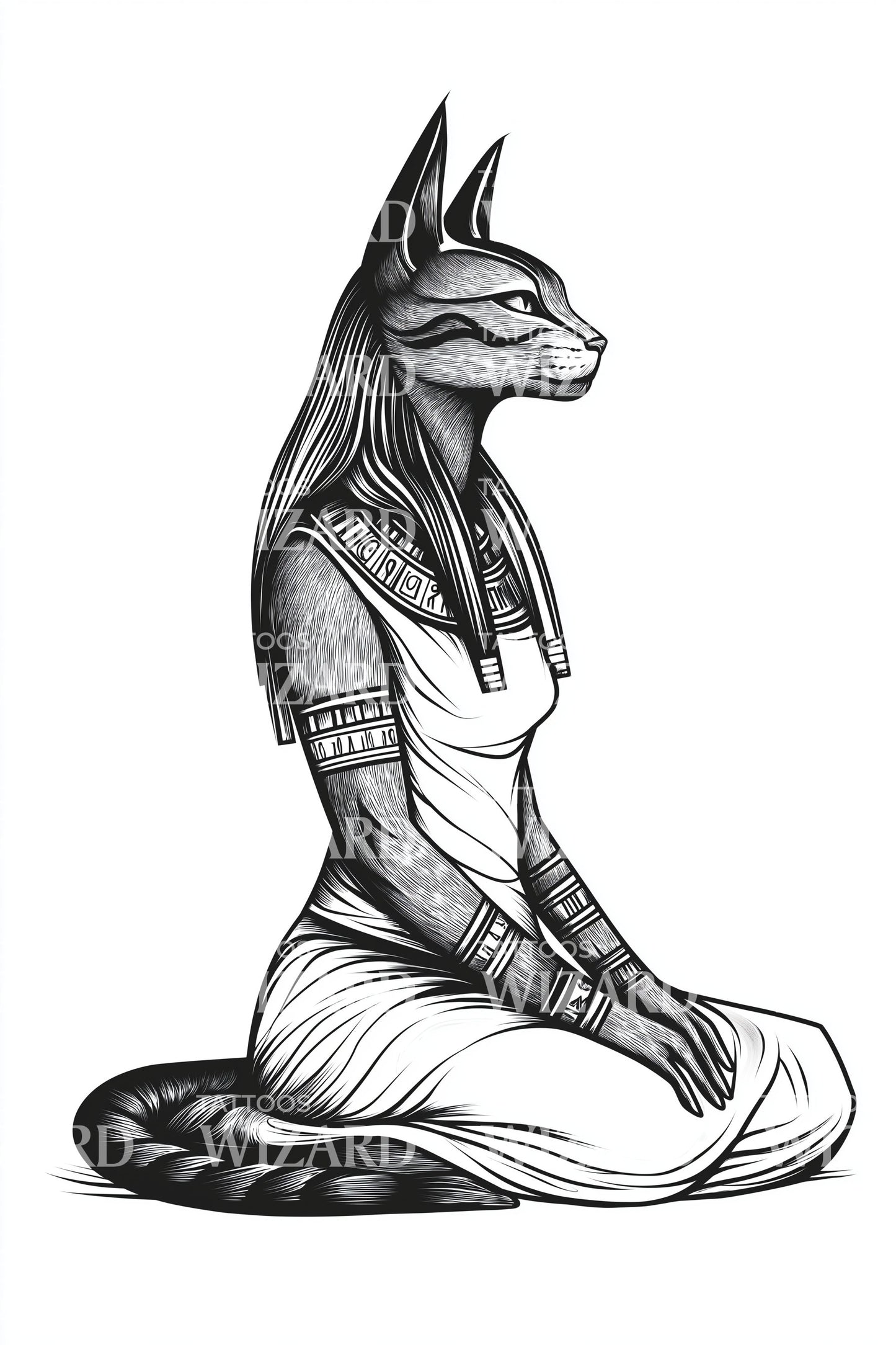 Sitzende Bastet Katzen Tattoo Illustration