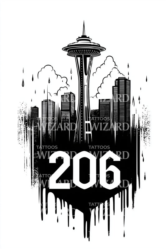 Seattle 206 Grunge Skyline Tattoo Illustration