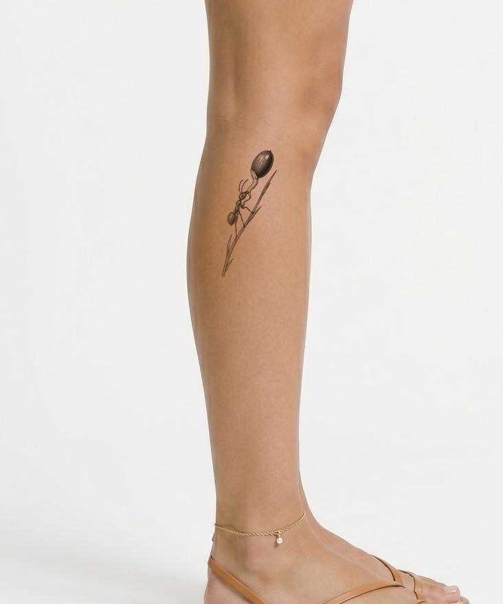 Tattoo med en myre, der bærer et frø op ad en bakke