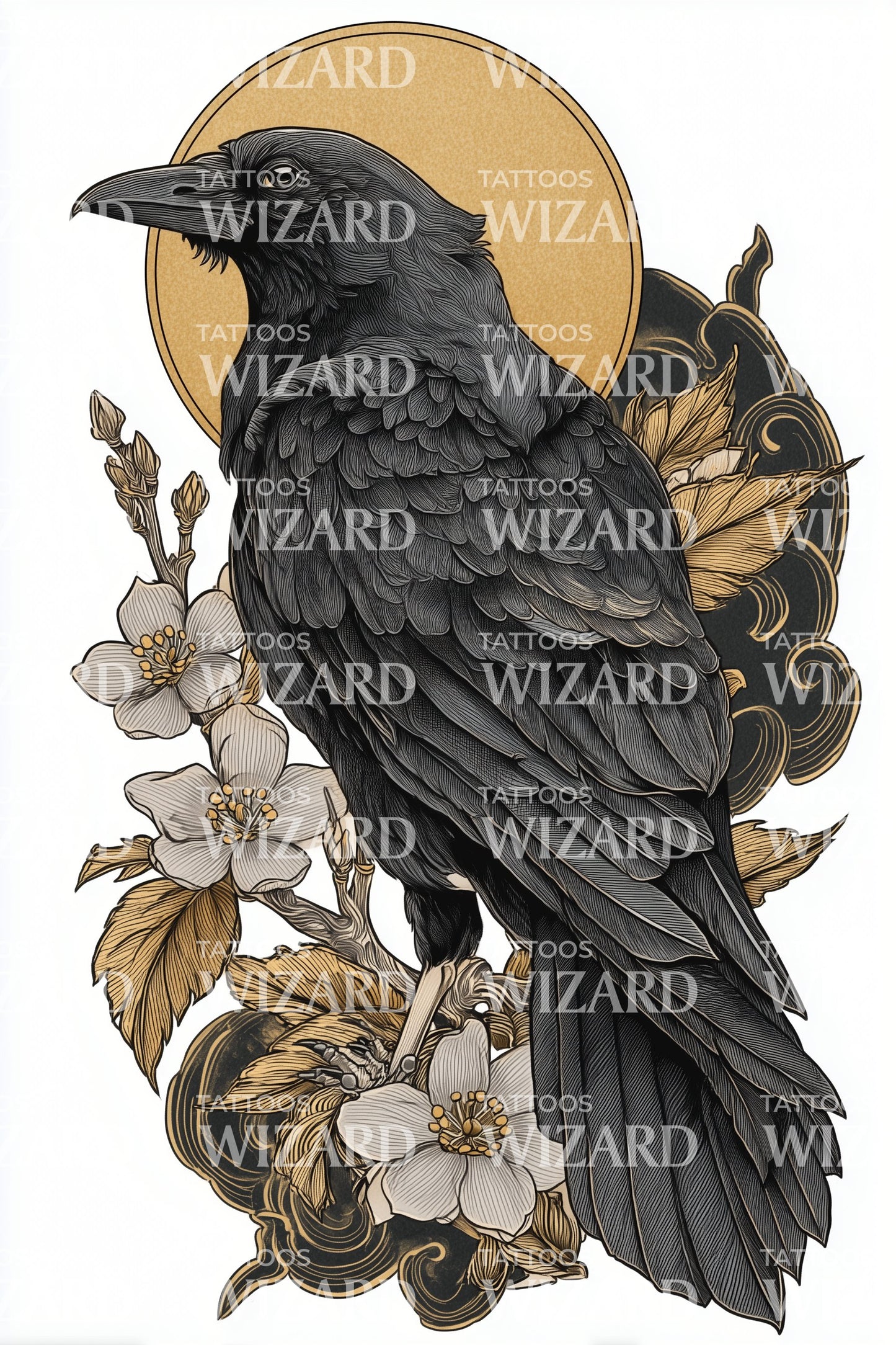 Illustration de tatouage Fleurs de Corbeau Serein