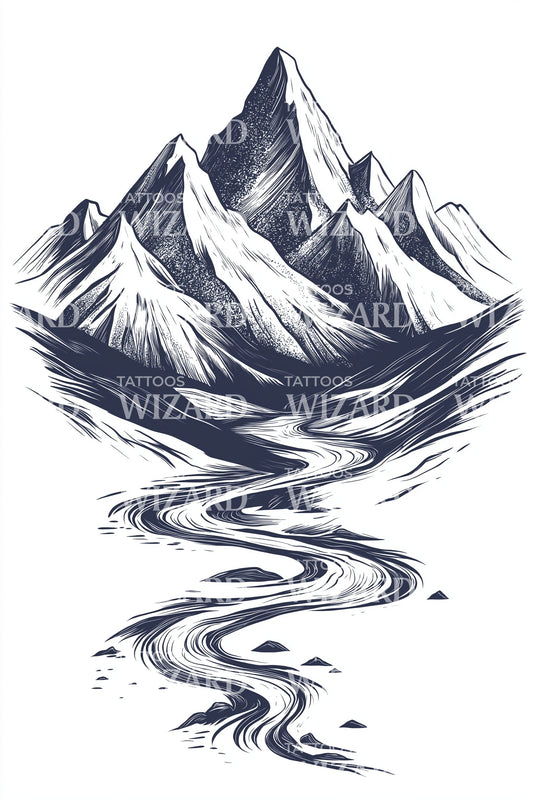 Design di tatuaggio del fiume di montagna sereno