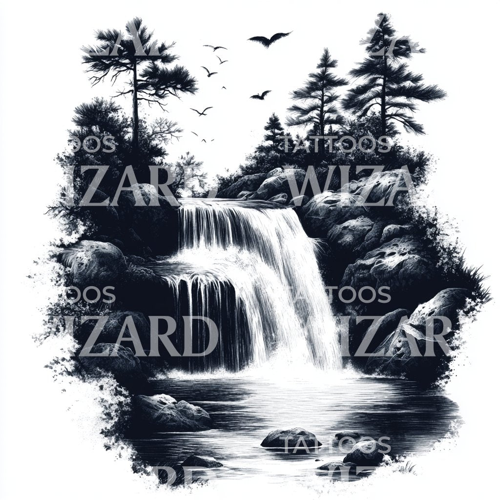 Serene Wasserfall Landschaft Tattoo Design
