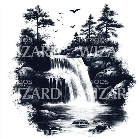 Serene Wasserfall Landschaft Tattoo Design