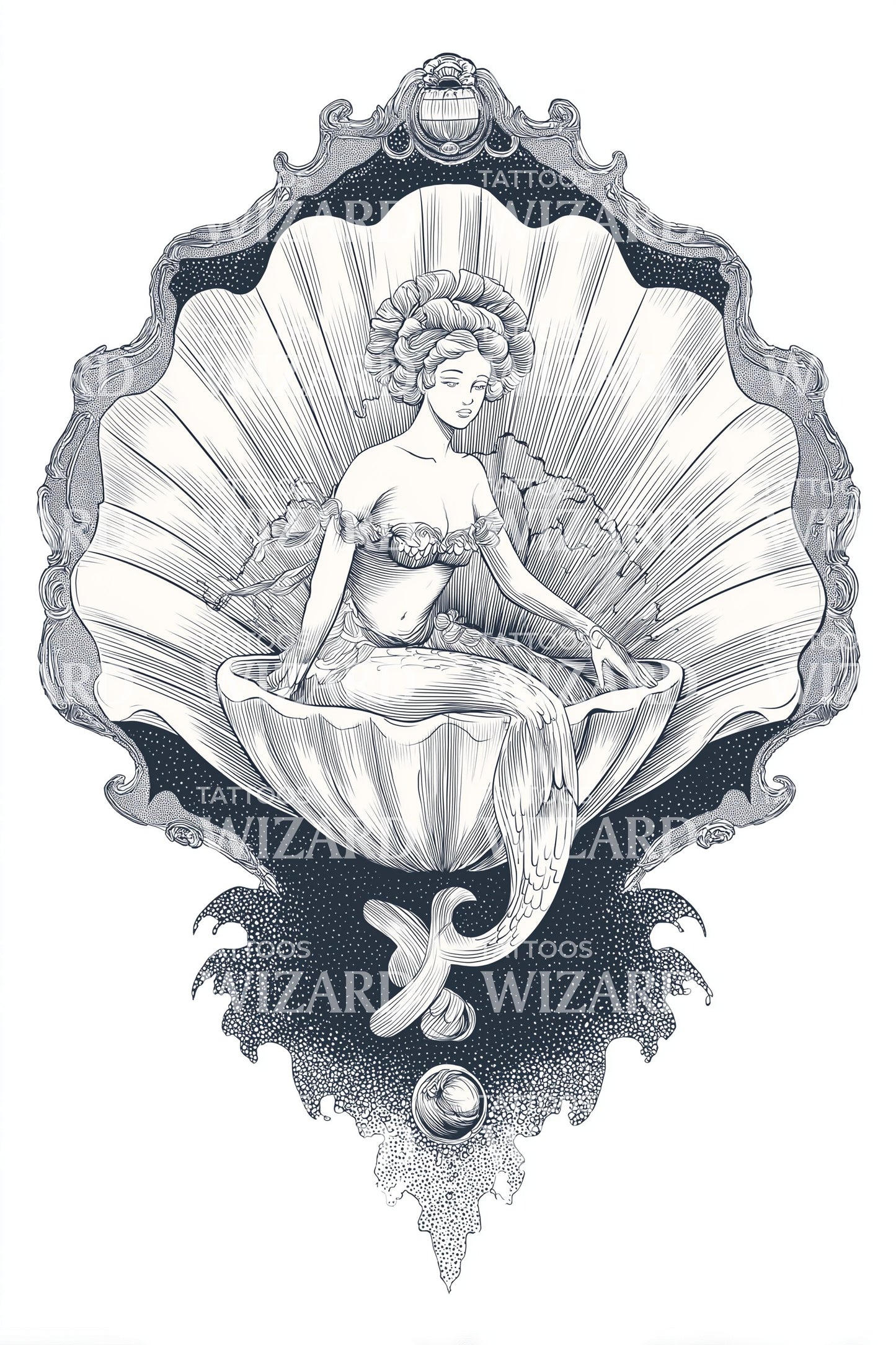 Design Tatuaggio Ninfa della Conchiglia Rinascimentale