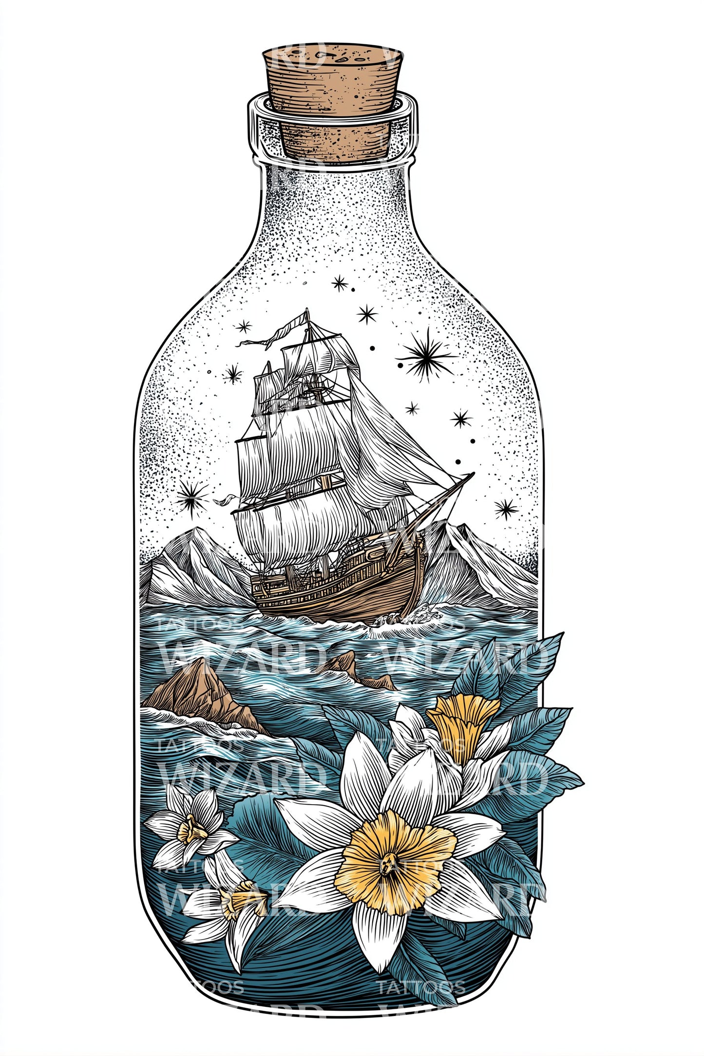 Schiff-in-Flasche Bloom Tattoo Design
