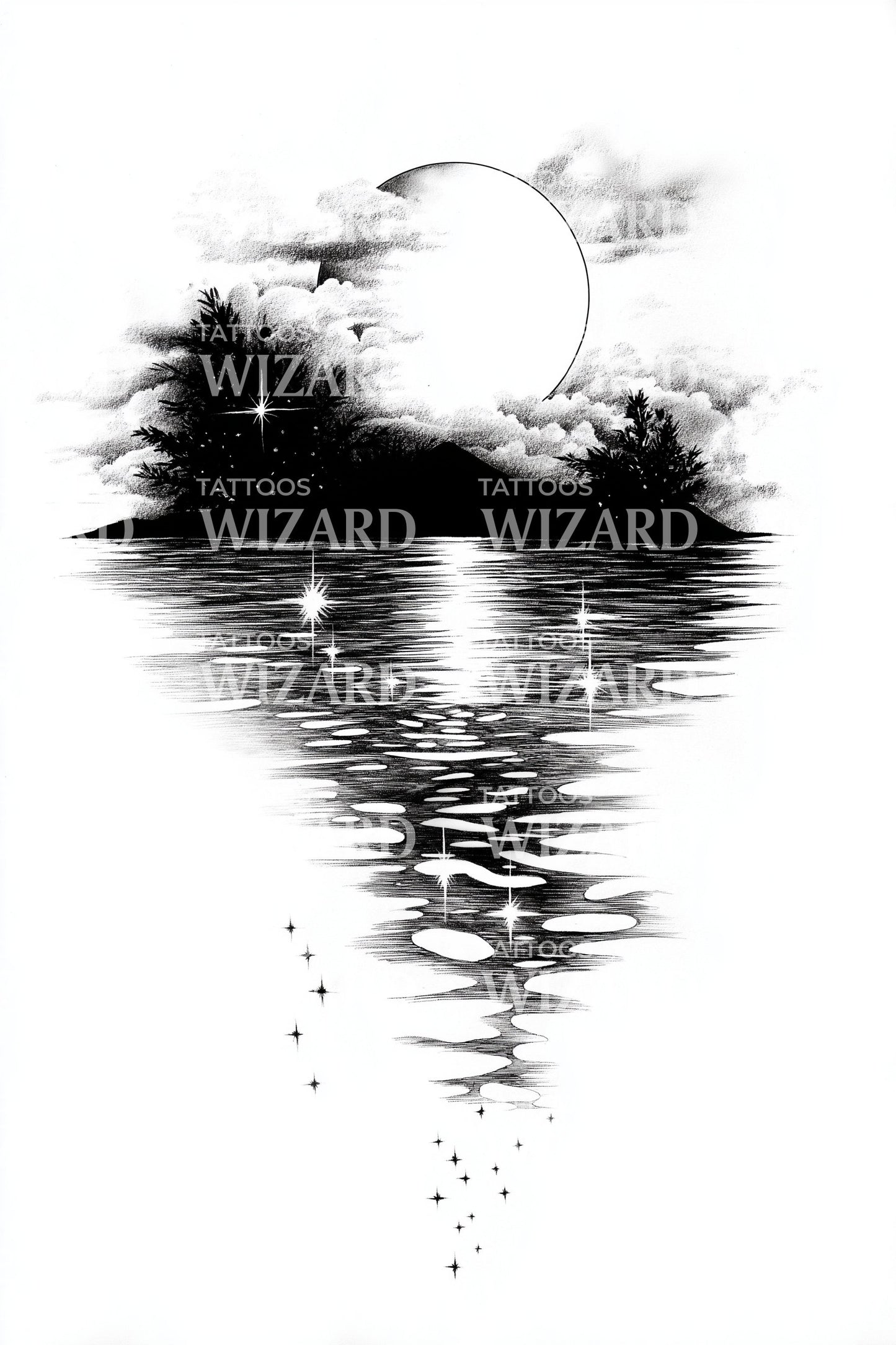 Silent Moon Lake Reflection Tattoo Design