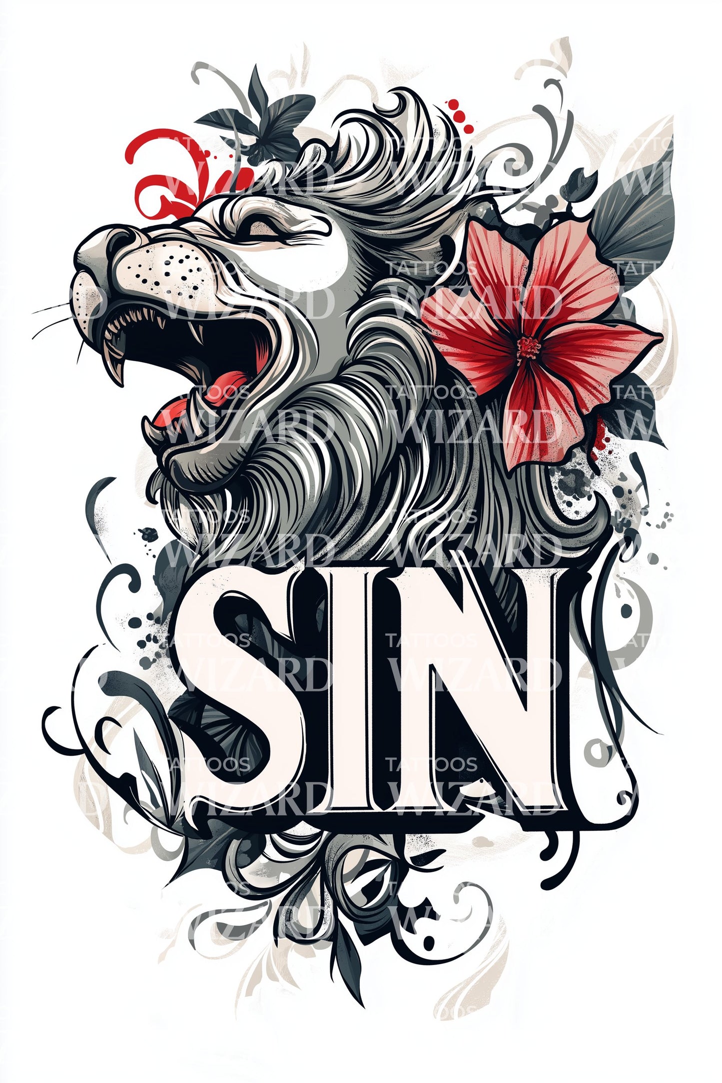 Singapore Lion Hibiscus Tattoo Design