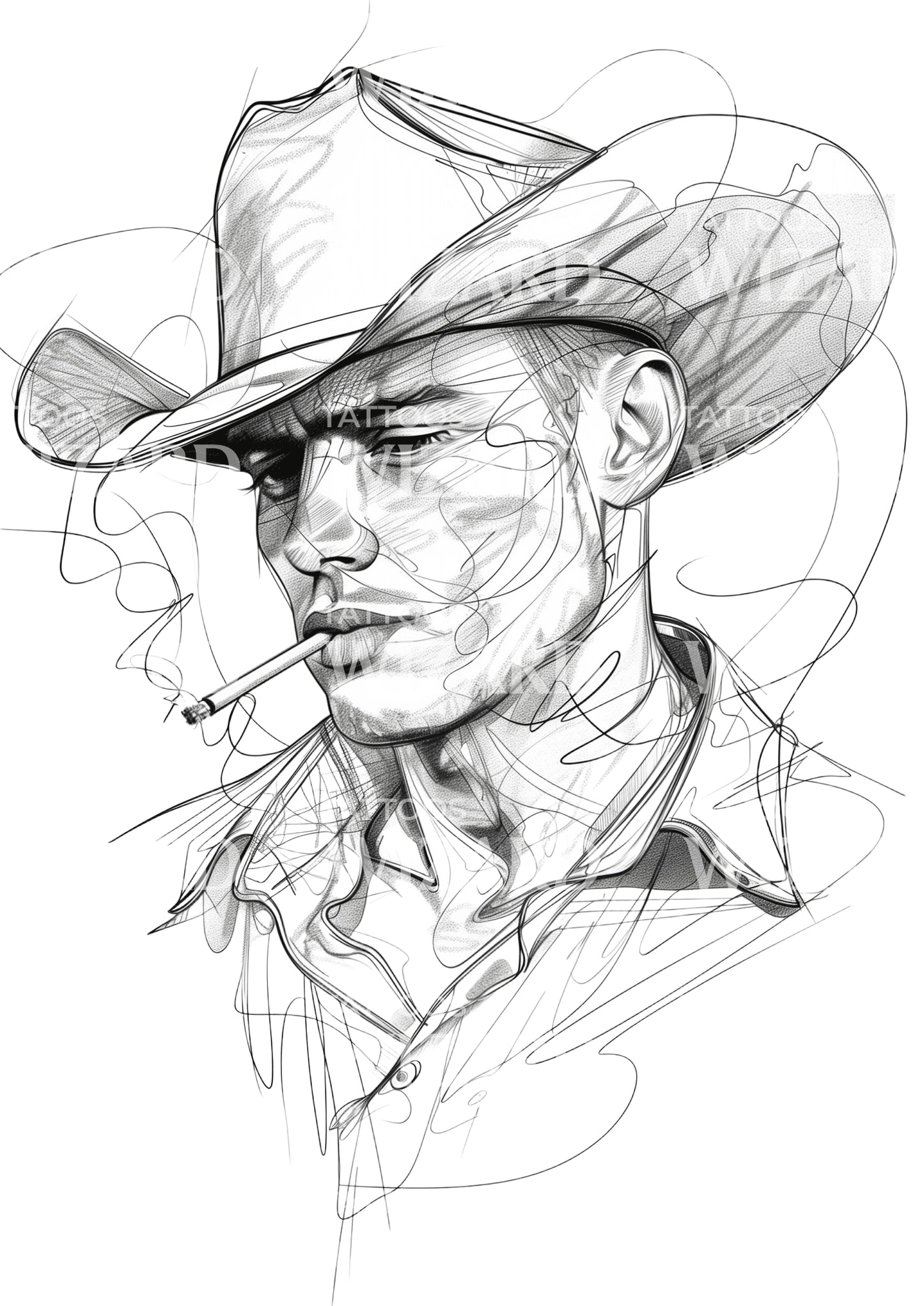 Sketch Cowboy Smoking Tattoo Design