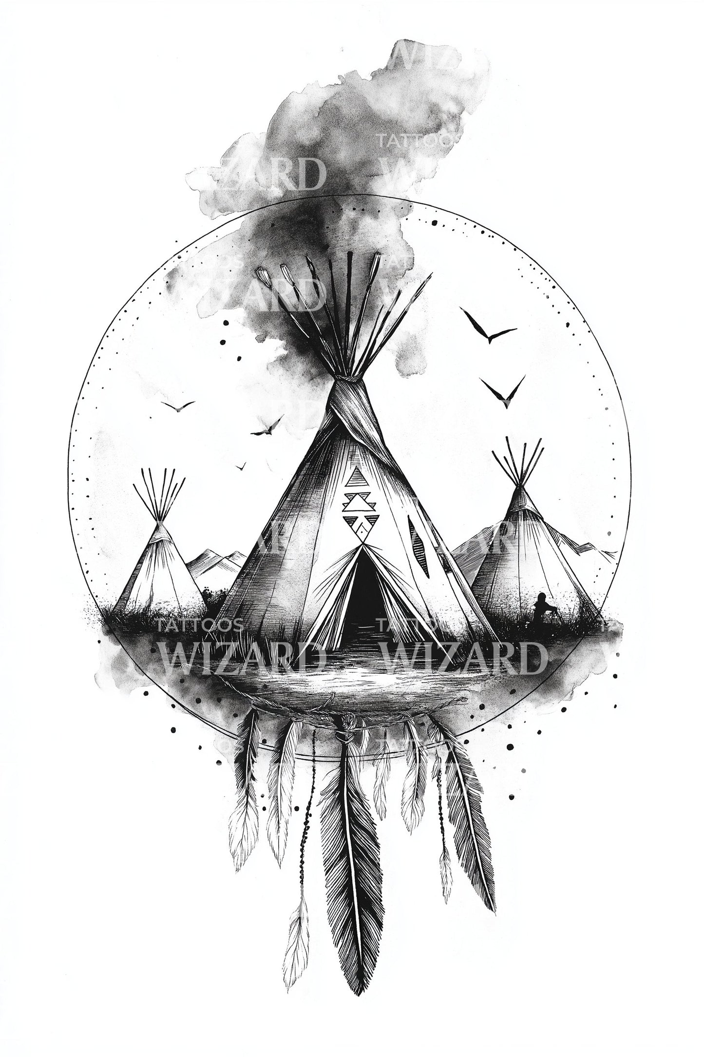 Smoke Over Teepees Tattoo Illustration