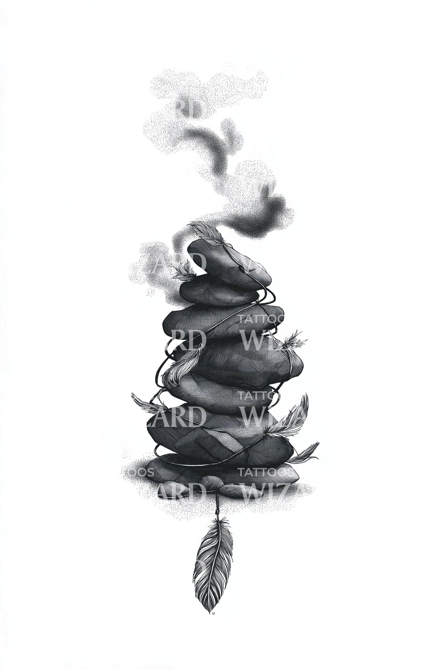 Smoky Pebble Cairn Feather Tattoo Idea