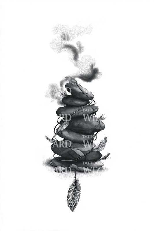 Smoky Pebble Cairn Feather Tattoo Idea