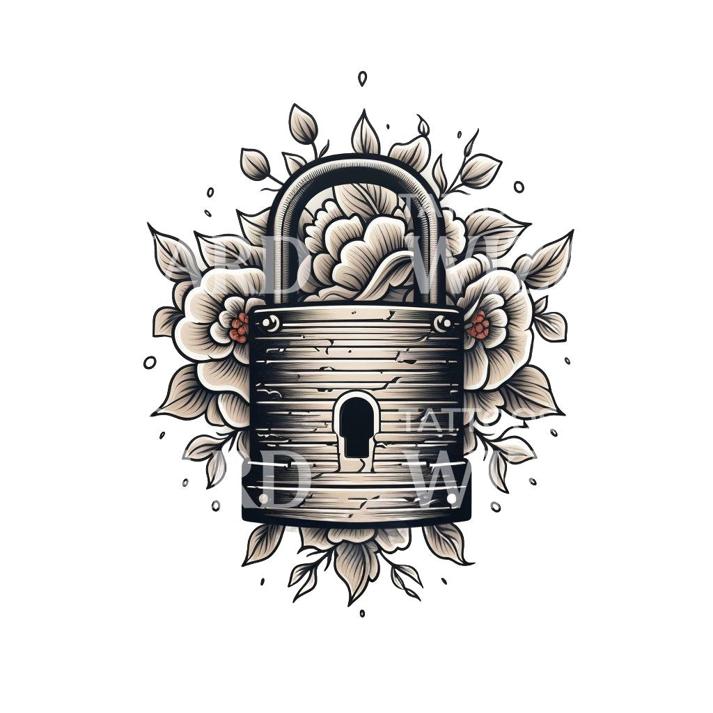 Lock and Flowers Old School Tattoo Design