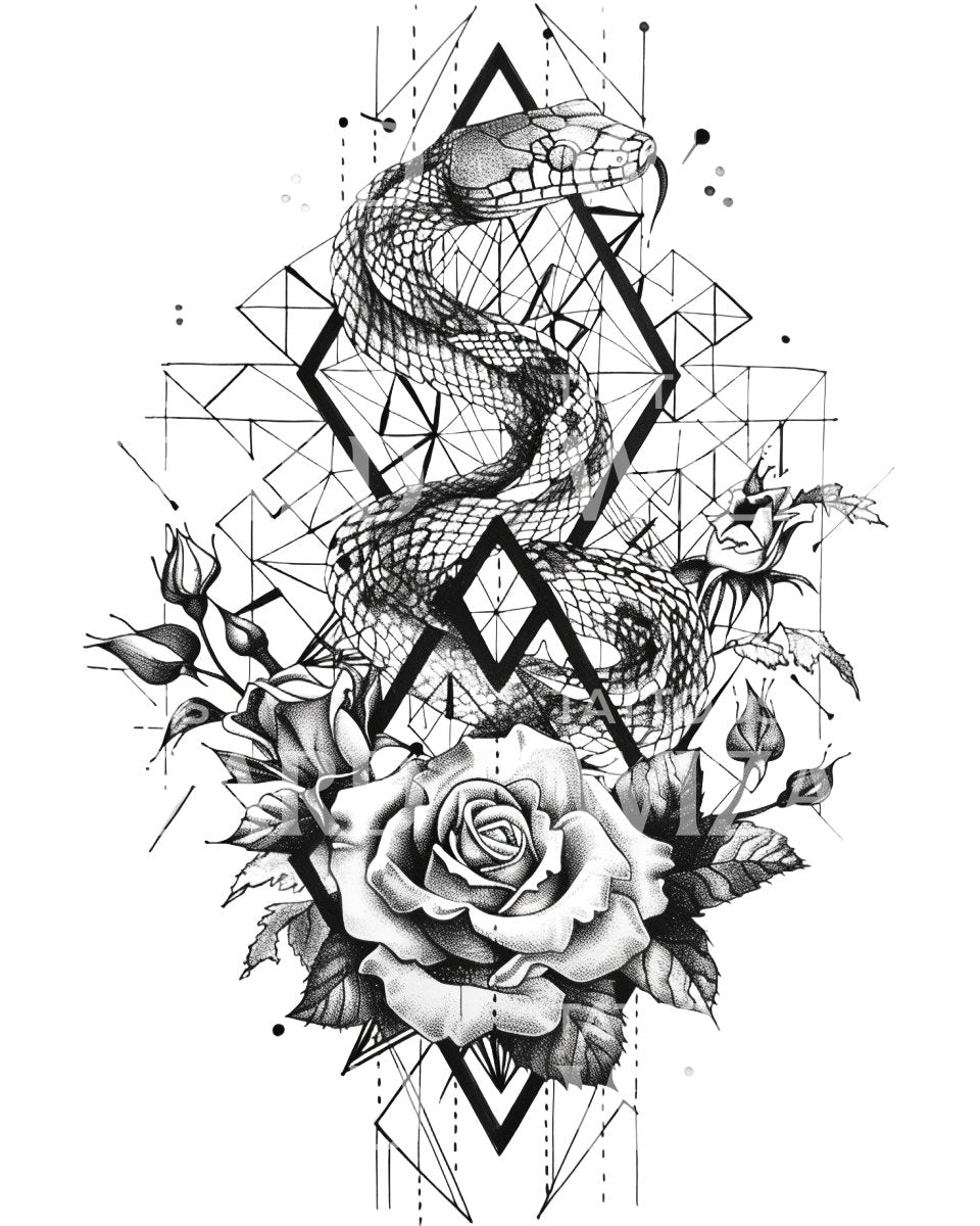 snake and plant tattoo Snake With Geometry and Flowers Tattoo Design – Tattoos Wizard Designs