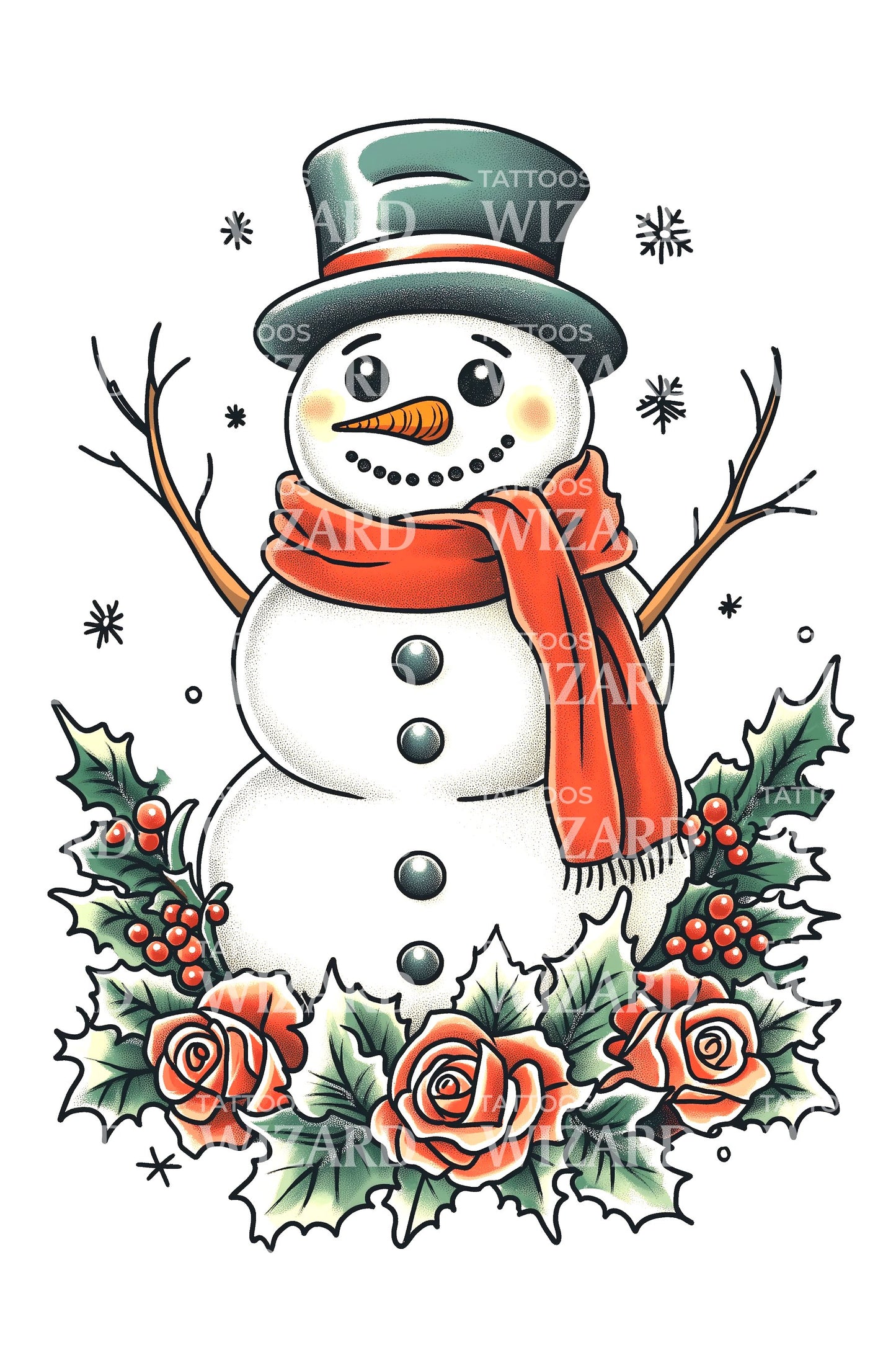 Snowman Rose Bouquet Tattoo Design