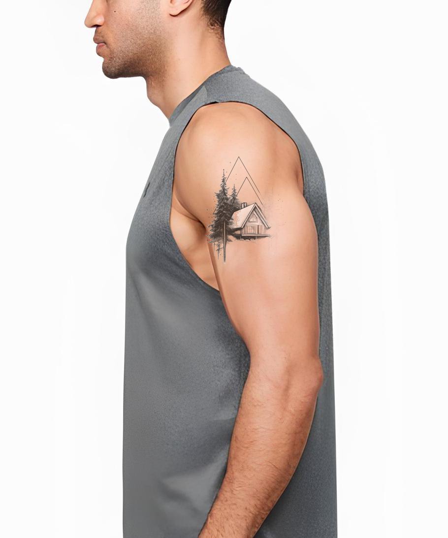 Snowy Path Forest Cabin Tattoo Design