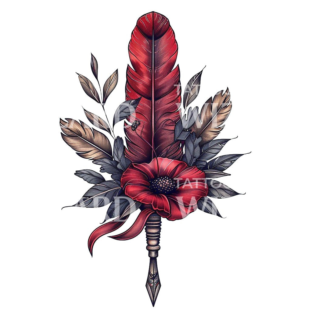 Sophisticated Quill Pen and Flowers Tattoo Design