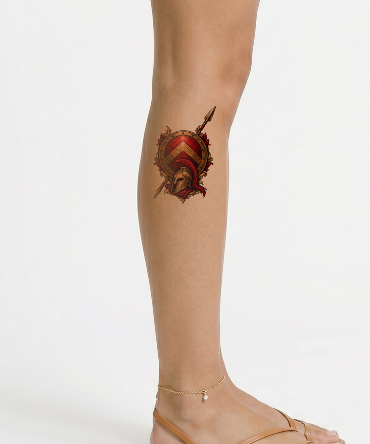 Idea per tatuaggio spartano con scudo, elmo e lancia