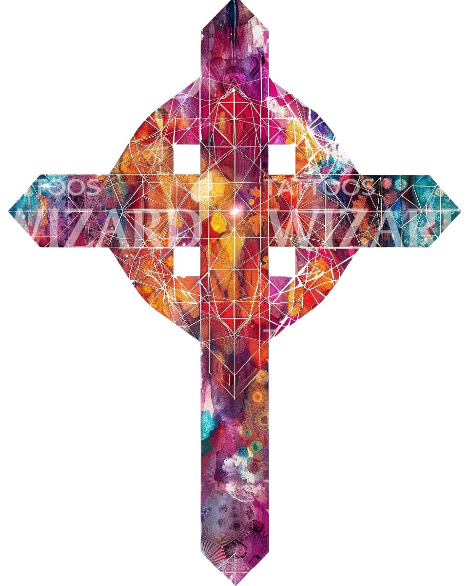 Spiritual Colorful Cross With Cosmos Geometry Tattoo Design