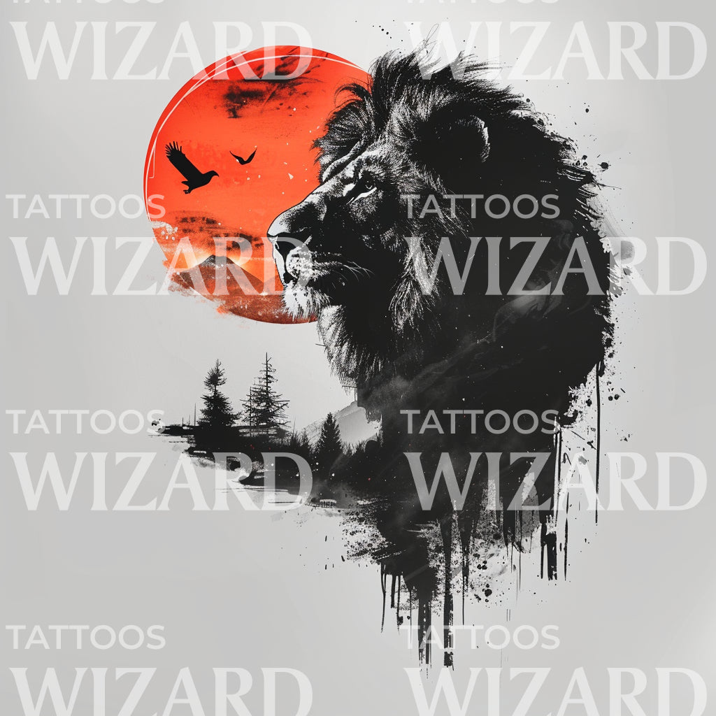 Splendid Lion Looking into the Sun Tattoo Design