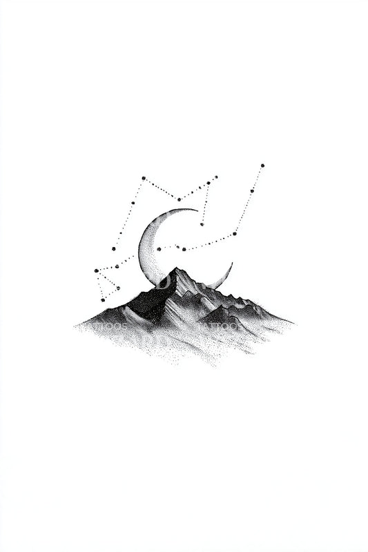 Design del tatuaggio con scena di montagna illuminata dalle stelle