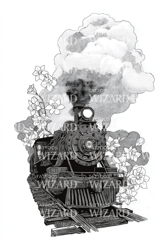 Ilustración de tatuaje de viaje en locomotora de vapor