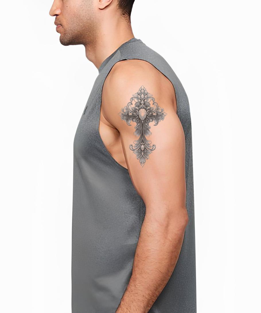 Ornate Stonework Cross Tattoo Design