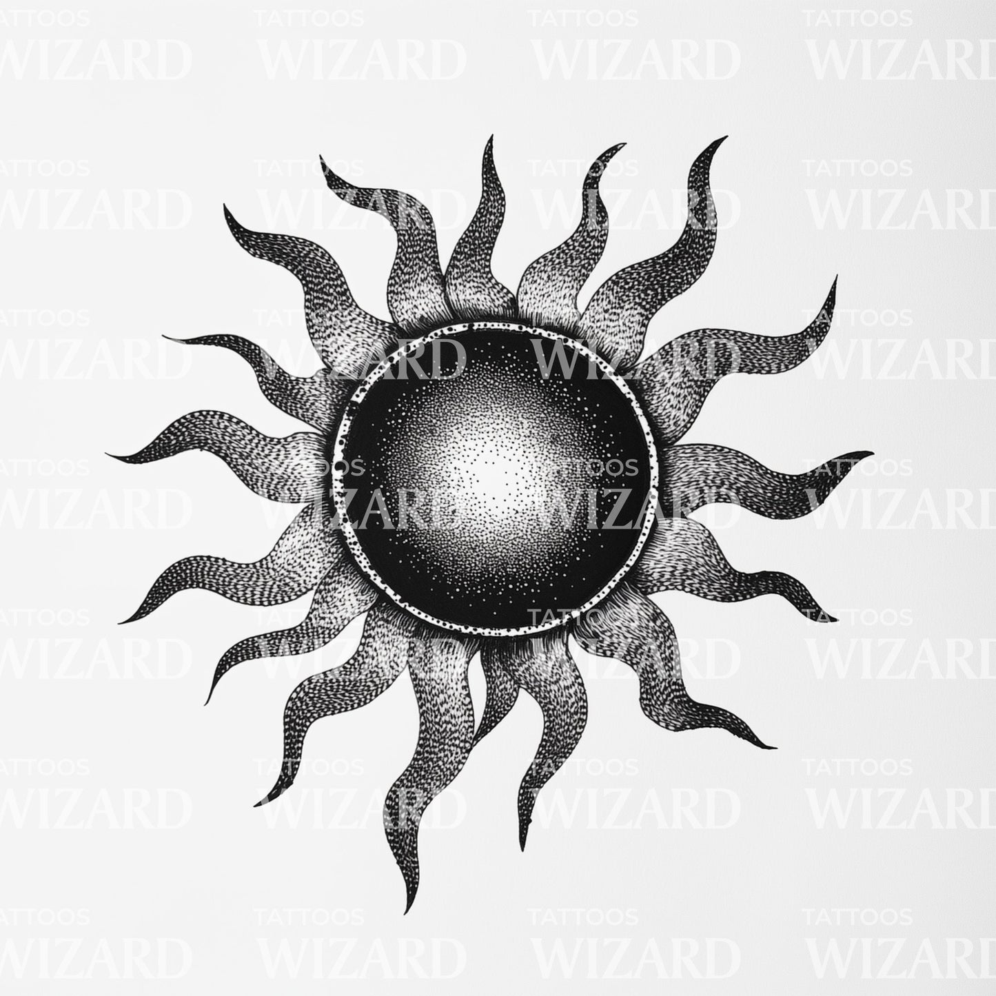 Stiliserte svart sol med flammer tatoveringsdesign